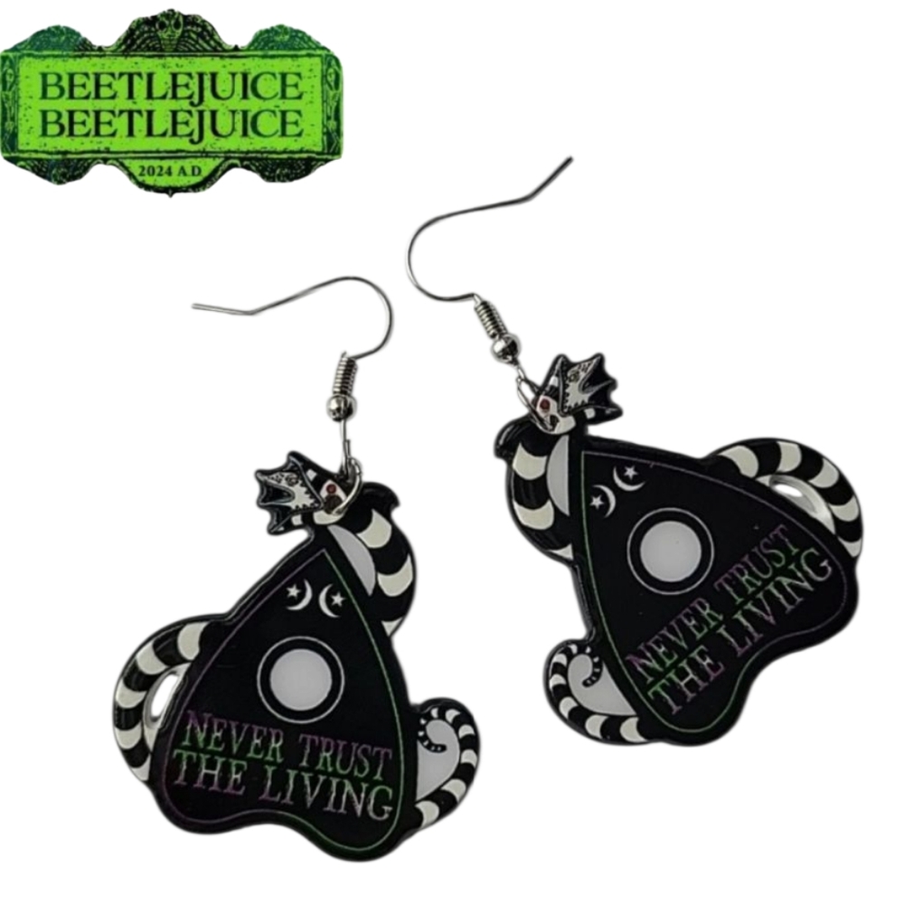Beetlejuice Sandworm Planchette Dangle Hook Earrings "Never Trust the Living"‎